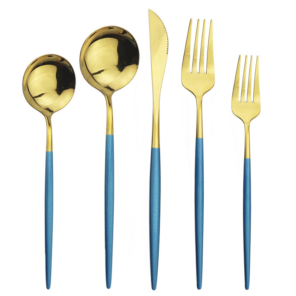 20 st färgglada bestick set guld bestick set dessert gaffel sked 304 rostfritt stål servis set glänsande kök servis set: Blått guld