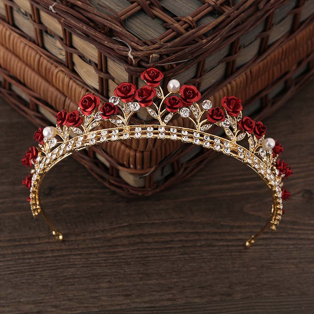 Vintage hovedbeklædning grøn/rød rose crystal krone hårbånd tiara brude fest smykker bryllup hår tilbehør