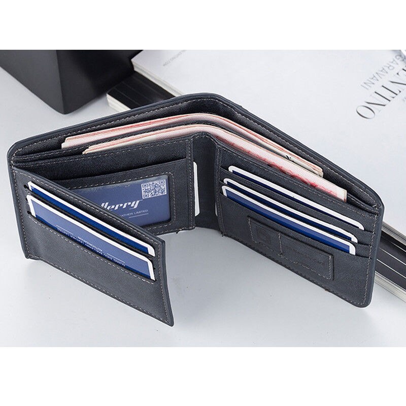 Men's classic wallet PU leather solid color three fold without zipper clutch card