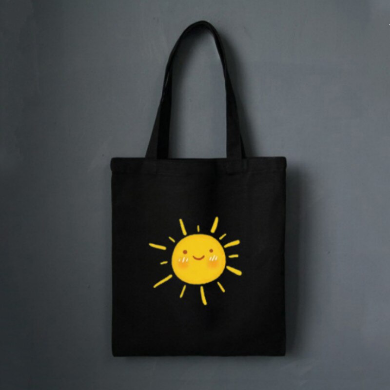 Mignon soleil impression à la sacs noirs sacs blancs fermeture à glissière Shopping fourre-tout toile sacs à provisions Eco sac à bandoulière réutilisable: Black
