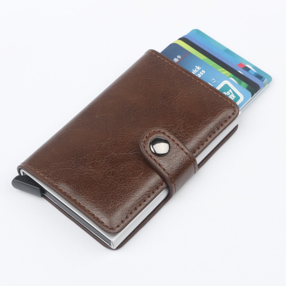 Hasp Men Credit Card Holder RFID Blocking PU Leather Automatic Business ID Card Holder Aluminum Metal Wallet Purse for Cards: coffee