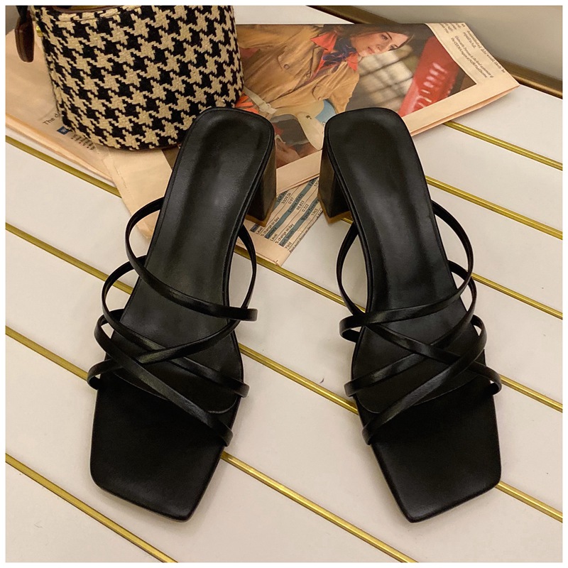 Suojialun smalband kvinnor tofflor dam högklackat sandal sommar utomhus öppen tå slides pumps: Svart / 37