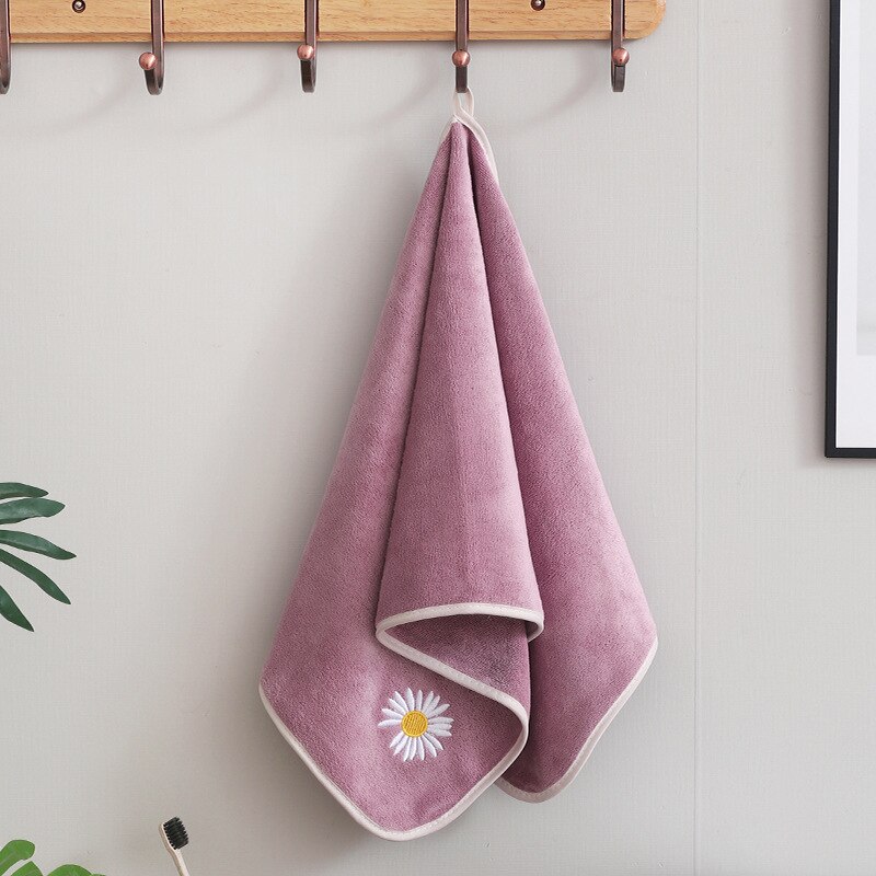 T041A nice Absorbent coral fleece Embroidered daisy letter hotel bath towels hand towels face towel: purple daisy / 34cm by 74cm