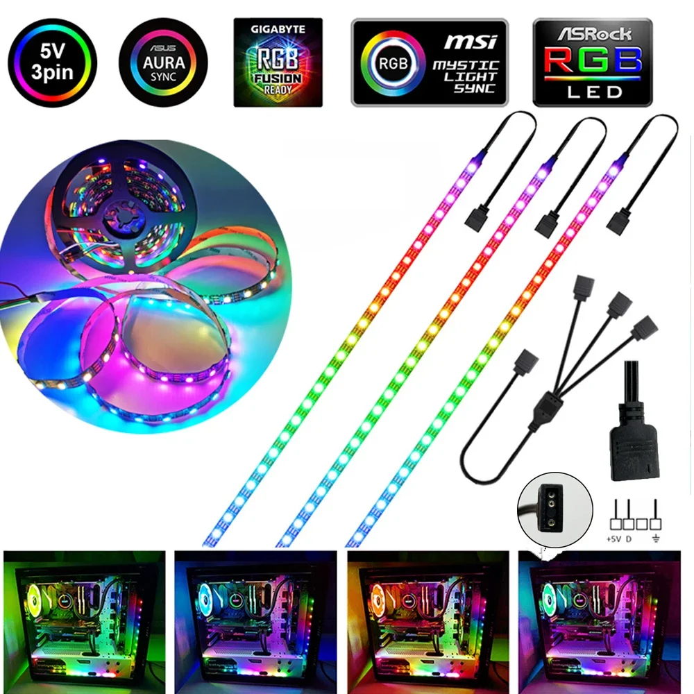 Bande lumineuse LED RGB WS2812B, 5V, 3 broches, adressable, pour ASUS AURA SYNC, MSI Mystic Light Sync, GIGABYTE