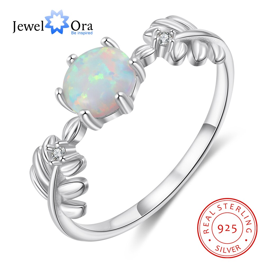 JewelOra Nette Ast Blatt 925 Sterling Silber Hochzeit Ringe für Frauen Silber Runde Weiß Opal Ring mit Zirkonia Schmuck