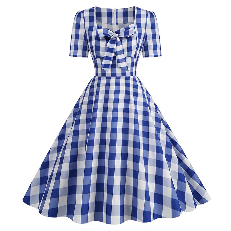 Grønne rutete swing festkjoler kvinner vintage firkantet krage korte ermer casual sommerkjole: Xl / Grønn