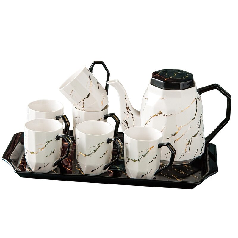 European Style Simple Black and White Marble Gold Ceramic Coffee Tea Set Hotel Household with Tray Teapot Cup Set Water Set