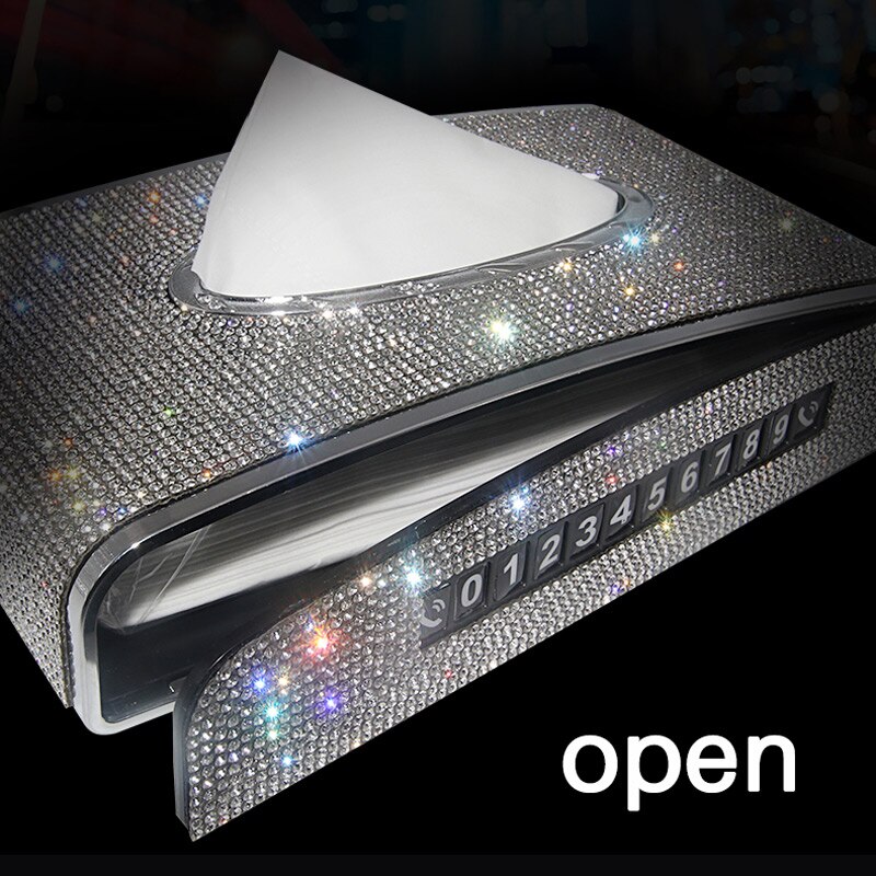 Diamond Tissue Box Holder for Car Leather Crystals Paper Towel Cover Case with Number Card Car Interior Accessories