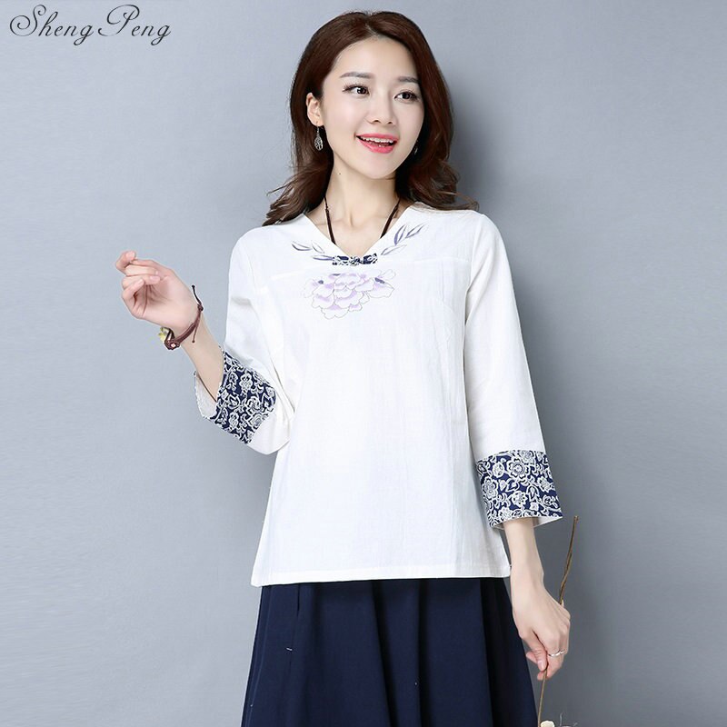 Camisas de lino y algodón de estilo chino vintage para mujer, blusa informal de uso diario con cuello redondo, bordado floral hanfu, V1810,