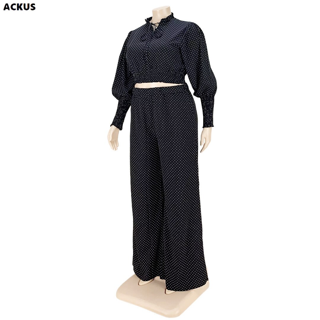 ACKUS Plus Größe Punkt frauen einstellen Streetwear Elegante Blusen Spitzen und Breite Bein Gerade Hosen Passenden Zwei 2 Stück einstellen Outfits