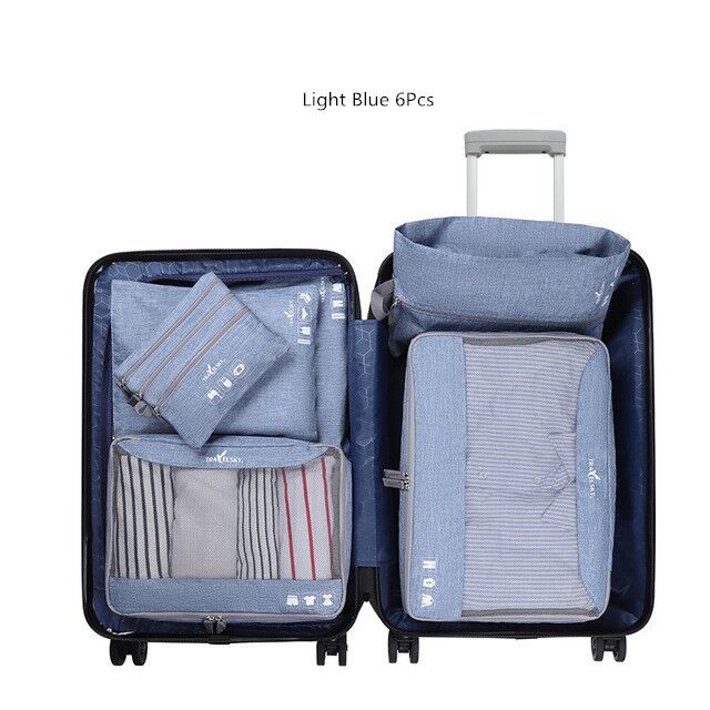 Portable Travel Bags Pouchs Set Storage Bag Suitcase Clothes Cosmetic Organizer Luggage Packing Laundry Accessories Supplies: Light blue 6 Pcs