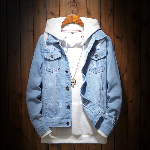 New Spring Bomber Light Blue Ripped Denim Jacket For Men Tattered Jean Coats Motorcycle Casual Outwear Clothing Overcoat Outwear