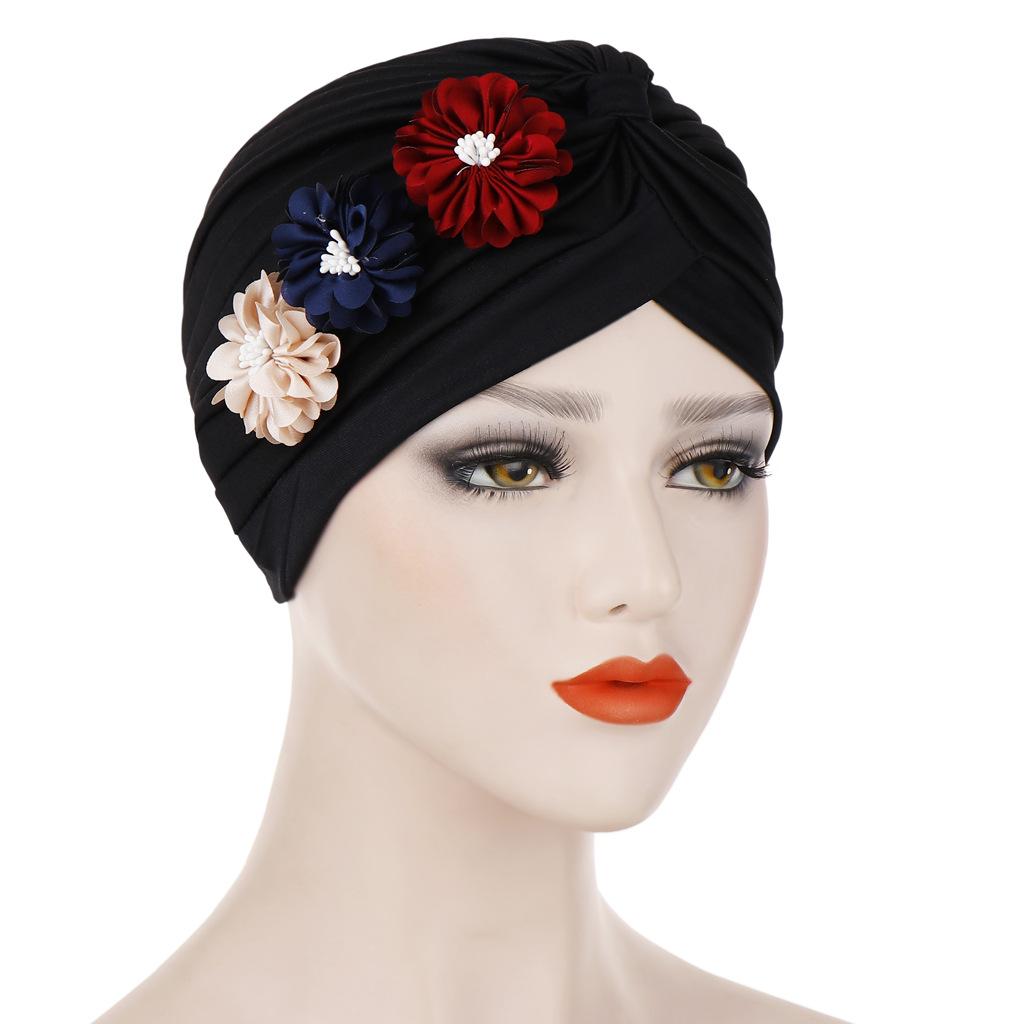 Las mujeres de flor sombrero turbante India sombreros musulmán quimioterapia por cáncer tapa sombrero abrigo indio sombrero falda gorros sombrero tapa: Negro