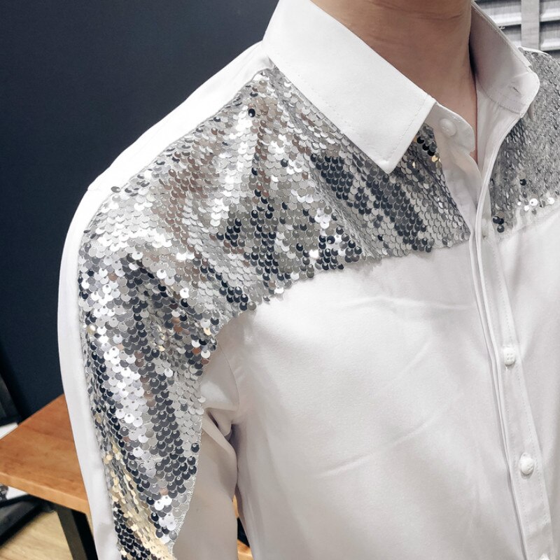 Paljett smoking skjortor män casual slim fit långärmad herr klänning skjortor nattklubb fest bal streetwear kläder social skjorta