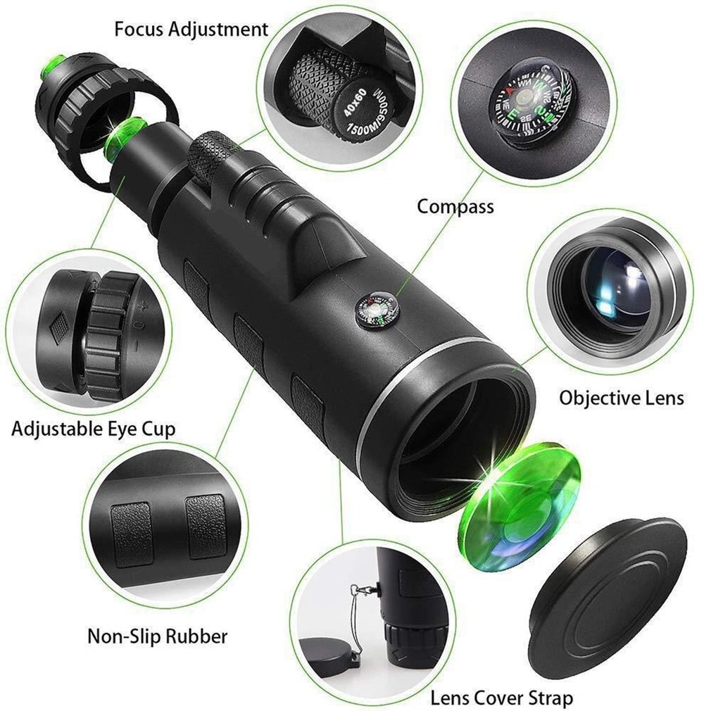 Portátil tamaño negro HandHeld Panda 40x60 ampliación ajustable Zoom Monocular telescopio viaje Camping