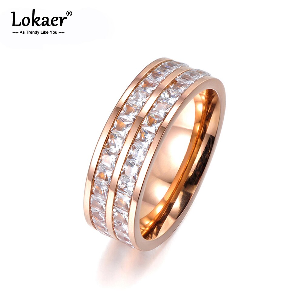 Lokaer anéis de casamento femininos, aço de titânio, design simples, duas fileiras, zircônia cúbica clara, cor rosa, de ouro, aniversário, para mulheres, r17050