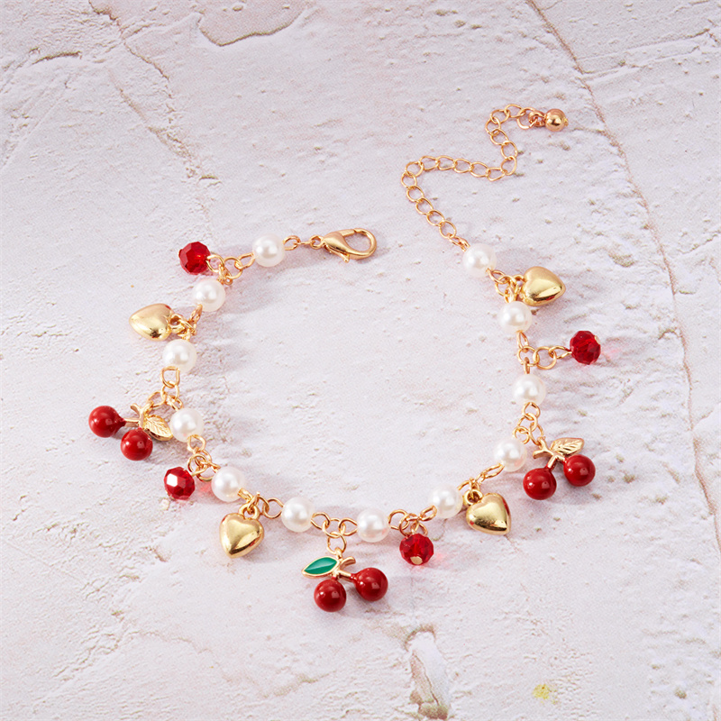 Doux mignon rouge fraise cerise coeur perle bracelet à breloques nouvelle Y2K fruits couleur or chaîne bijoux de fête 2025