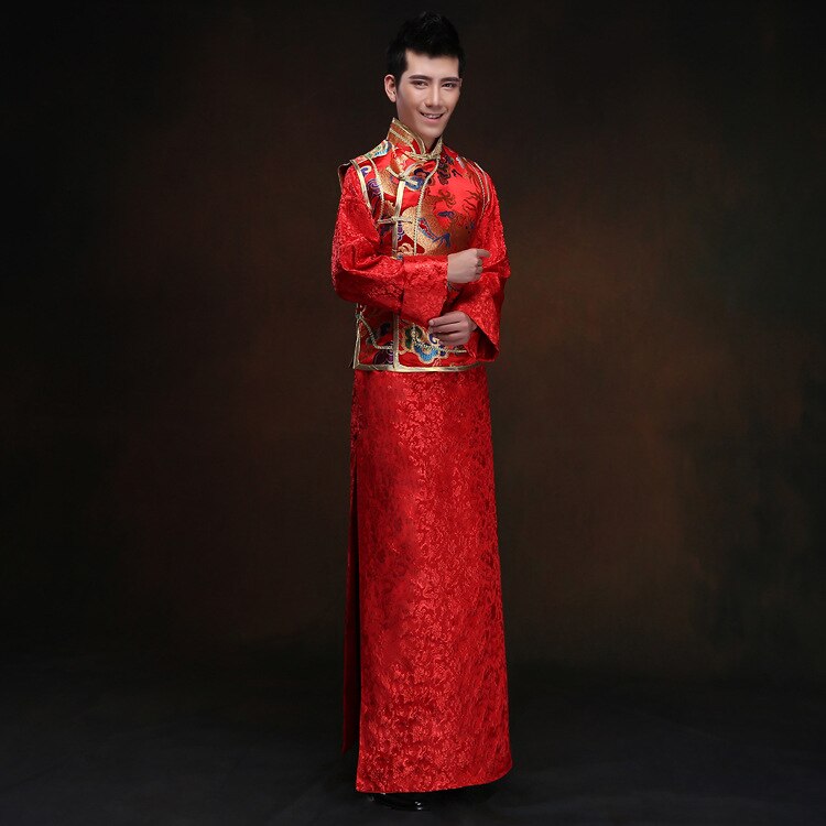 Túnica blanca para hombre, rojo chino vestido de boda, ropa tradicional China oriental para hombre, traje tang, trajes, Chaqueta tipo túnica, camisas