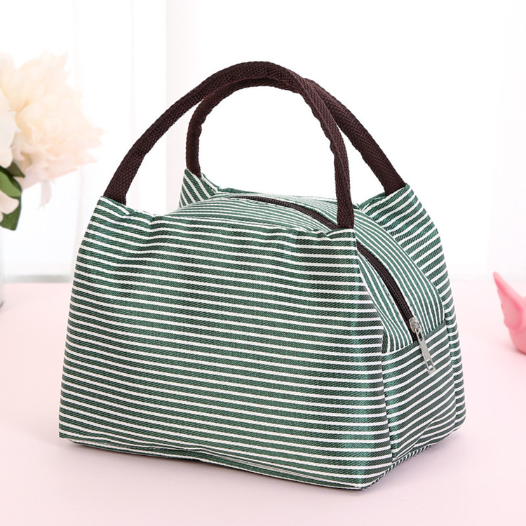 Leisure Women Portable Lunch Bag Canvas Stripe Insulated Cooler Bags Thermal Food Picnic Lunch Bags Box Kids Ice Pack Tote: Green