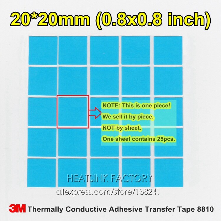 20pcs 20x20mm 3M 8810 Thermally Compound Double Sided Acrylic Adhesive Blue Heatsink Cooler Pad Thermal LED Tape