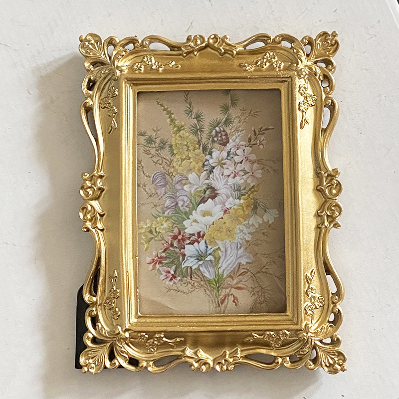 Vintage Rectangle Photo Frame Wall Hanging Golden Embossed Resin Picture Frame Holder Table Decoration Home Decor, Paper Random: Orange