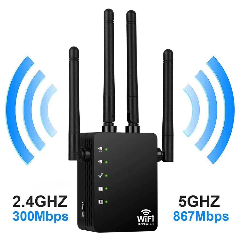 Répéteur Wi-Fi sans fil 1200Mbps, bi-bande 2.4/5G, 4 antennes, extension de la portée du Signal, fournitures réseau domestique