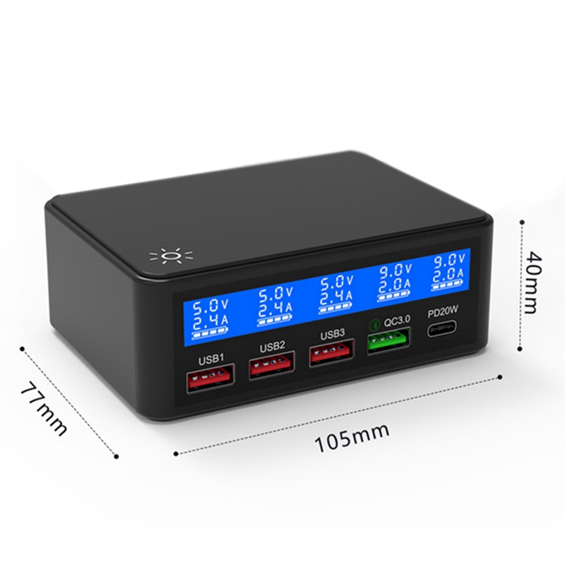 Multi USB Charger PD20W 5-Port LED Display Wall Quick Charger 3.0 Fast Charger Desktop Charging Station-US Plug