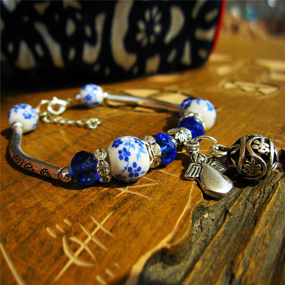 National Style Beaded Bracelets Handmade Blue And White Porcelain Ceramic Bracelet Jewelry