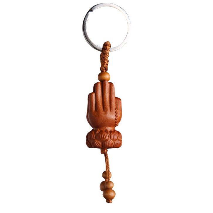 Madera de Durazno chino flor de loto tallado mano de Buda dos manos juntas exquisito colgante de llavero de coche
