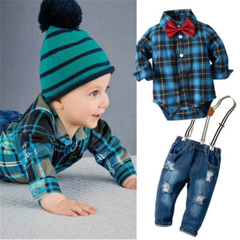 Lente Herfst Baby Boy Bow Tie Plaid Shirt Denim Kleding Katoen Rompertjes Gentleman Bib Jeans Kleding Pak Outfit 6 - 24M