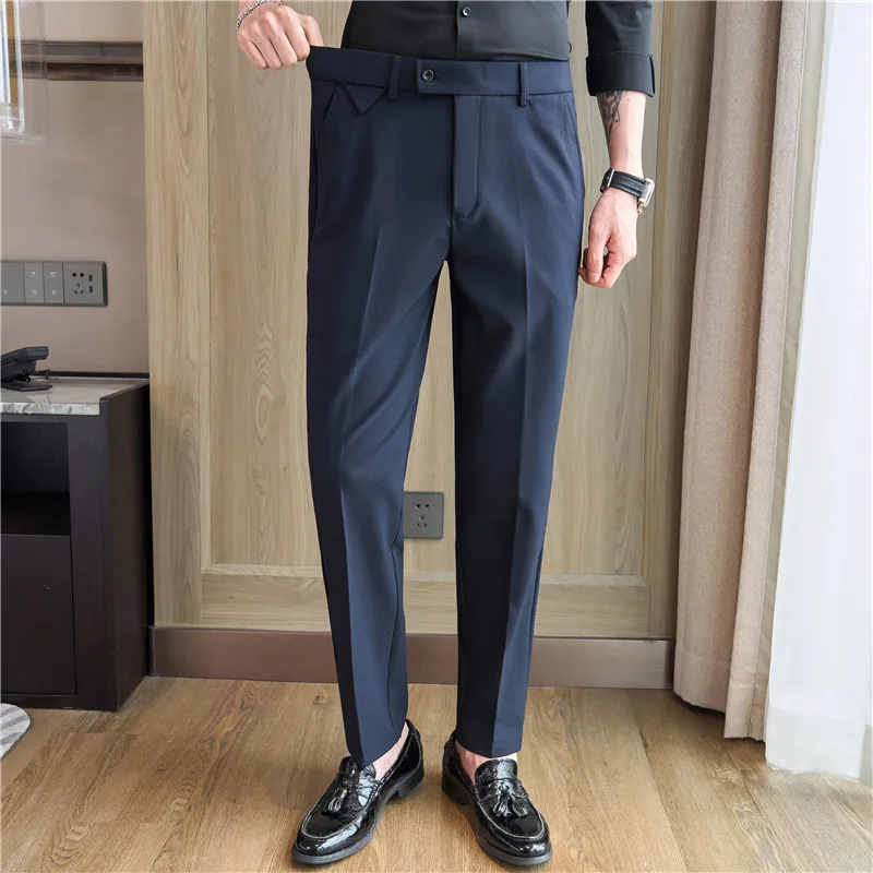 Men Suit Pants spring Elastic waist Solid Slim Fit Dress Pants Office Business Casual Trousers Men's clothing: 36 / black