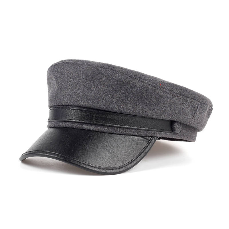 Boina de lana con vosor para hombre y mujer, gorro cálido de cuero azul marino para viajes al aire libre, invierno,