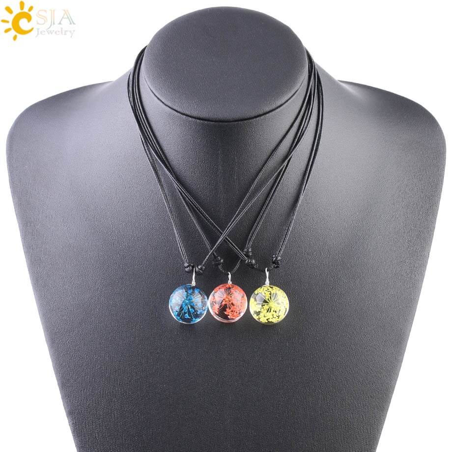 CSJA Decorativo di Modo di Fiori Secchi Collane & Pendenti con gemme e perle di Vetro Palla A Secco Pianta Pendente Corda di Cuoio per le Donne di Fascino Dei Monili F586