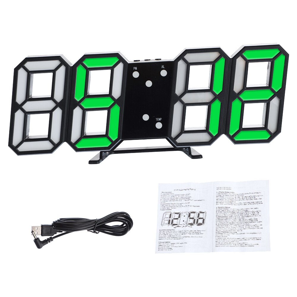 3D LED Digital Wall Clock Date Time Celsius Nightlight Display Table Desktop Clocks Alarm Clock Living Room smart alarm clock: black (green word)