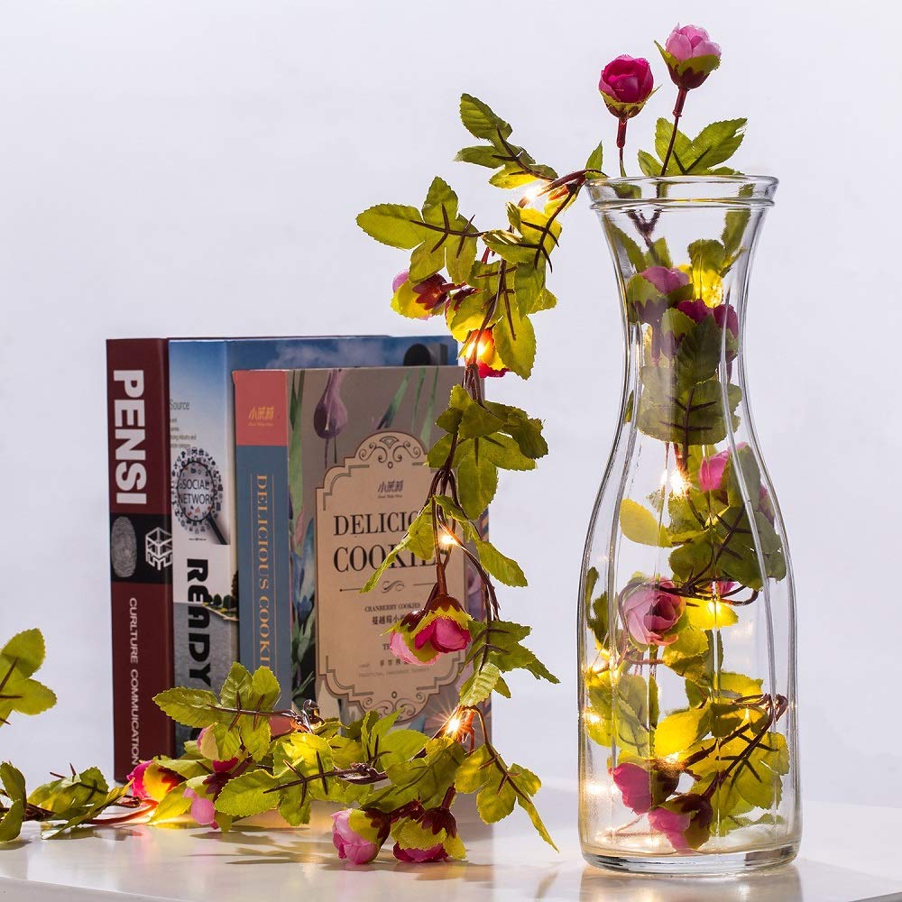 Guirnalda de luces LED con forma de rosa, 2M, 20 luces con batería/alimentación por USB para decoración de fiestas, cumpleaños y bodas