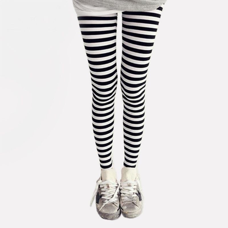 Women Ankle Length Skinny Leggings Black White Horizontal Striped Pants