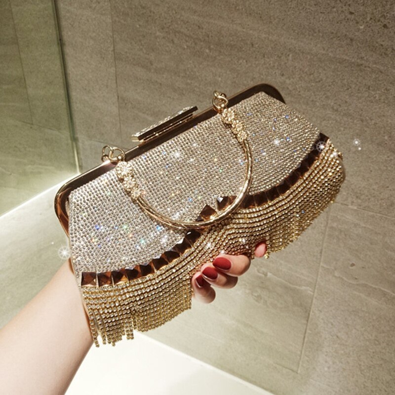 Women'S Crystal Evening Bag Retro Beaded Clutch Wedding Diamond Lock Rhinestone Chain Fringe Shoulder Bag