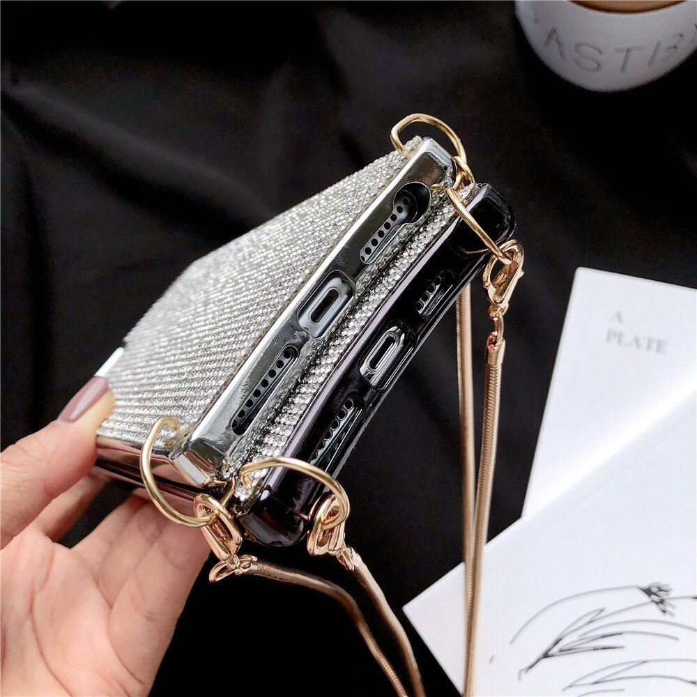 Diamond Crossbody Case For iPhone XS MAX XR X 6 8 7 Plus 11 Pro Cover Bling Glitter Rhinestone Women With Long Strap Metal Chain