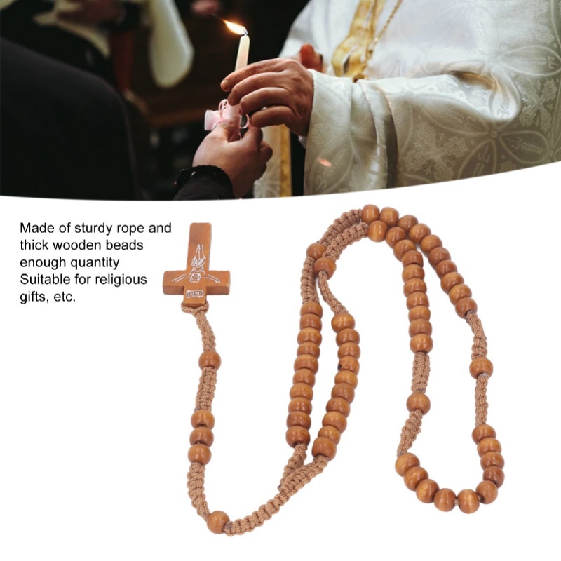F2 5pcs Wooden Rosary Jesus Imprint Catholic Unisex Style Natural Wooden Bead Cross Rosary Necklace Jewelry For Men Women Light