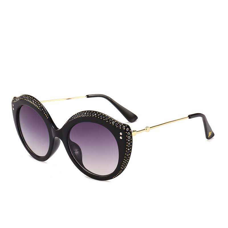 Överdimensionerad båge inlagd diamant kvinnliga solglasögon tillfälligt tidskrift street shot läppform cat eye linser solglasögon: Svart