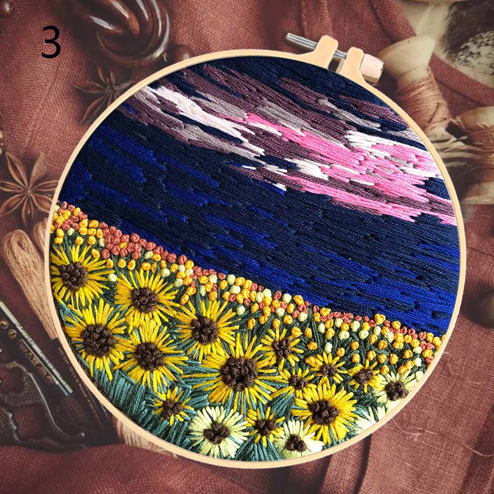 DIY Embroidery Flower Landscape Handwork Needlework for Beginner Cross Stitch kit Ribbon Painting Embroidery Hoop Home Decor: A-3