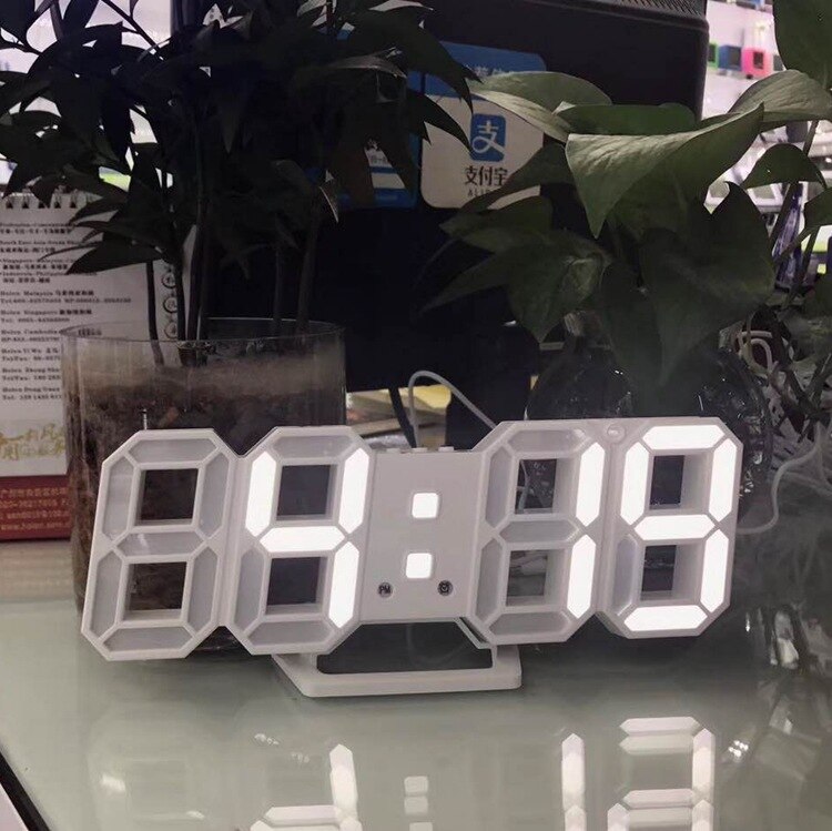 Relojes con alarma digital LED, reloj de pared 3D de dígitos grandes, 8 formas, estante para reloj electrónico, reloj Nixie, reloj, Mural Horloge en la pared del hogar: Blanco