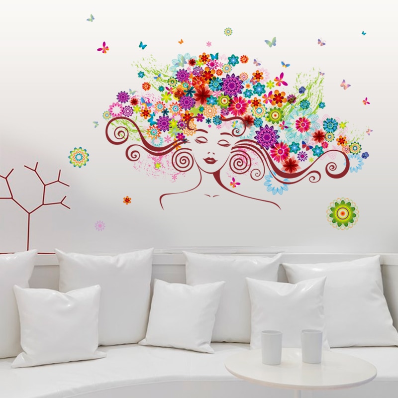 Mooie Vrouw Bloem Vlinders Muurstickers Slaapkamer Woonkamer Achtergrond Decoratie Home Decor Art Decals 3D Behang