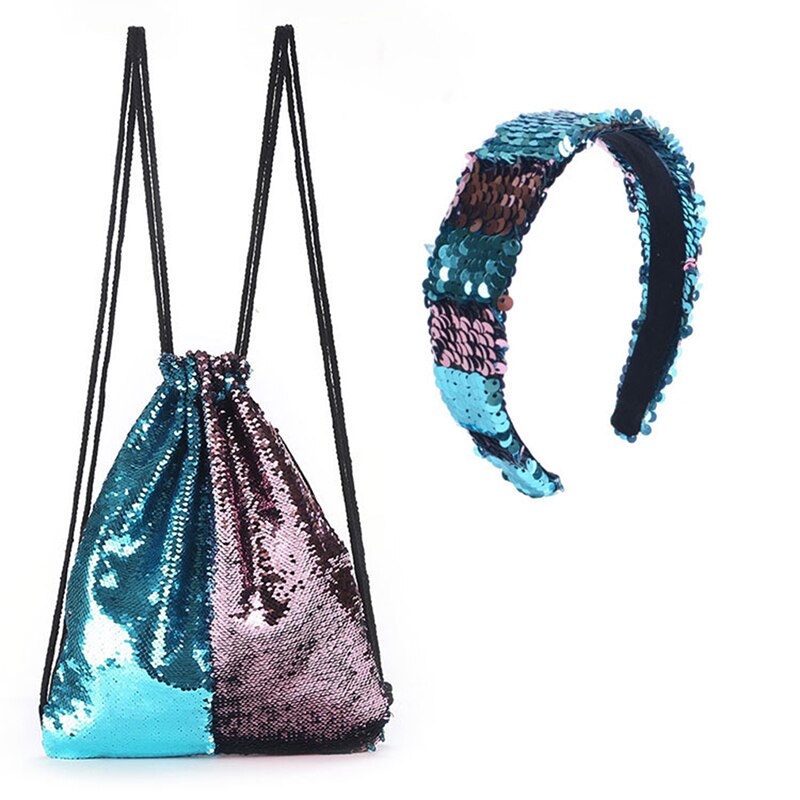 Glinsterende pailletten trekkoord rugzak school gym canvas trekkoord tas canvas opbergtas rugzak tas voor vrouwen meisje: Blauwroze