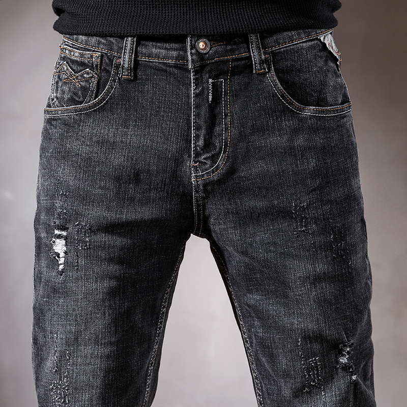 Jeans preto rasgado para homens hip hop estiramento fino em linha reta casual moda streetwear distressd homem calças jeans destruído outono