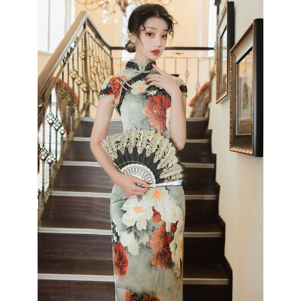 Zomer Sexy Slanke Chinese Traditionele Verbeterde Cheongsam Elegante Vintage Bloemen Lange Jurken Kleding Voor Vrouwen Qipao