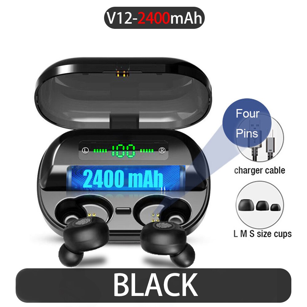 Original wireless bluetooth headphone gaming headset V12 TWS Earbuds IPX5 Waterproof bluetooth earphone HiFi for Sports Running: IK-V12-2400mAh