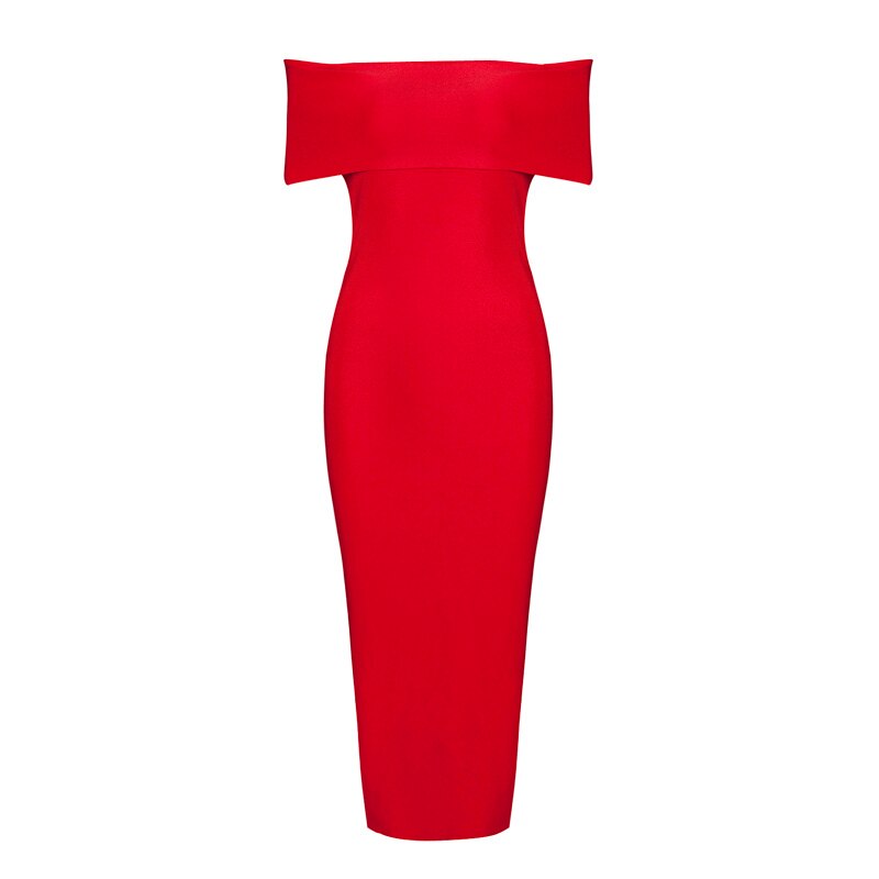 Red Off Shoulder Knee Length Rayon Knitted Elastic Bodycon Bandage Dress: S