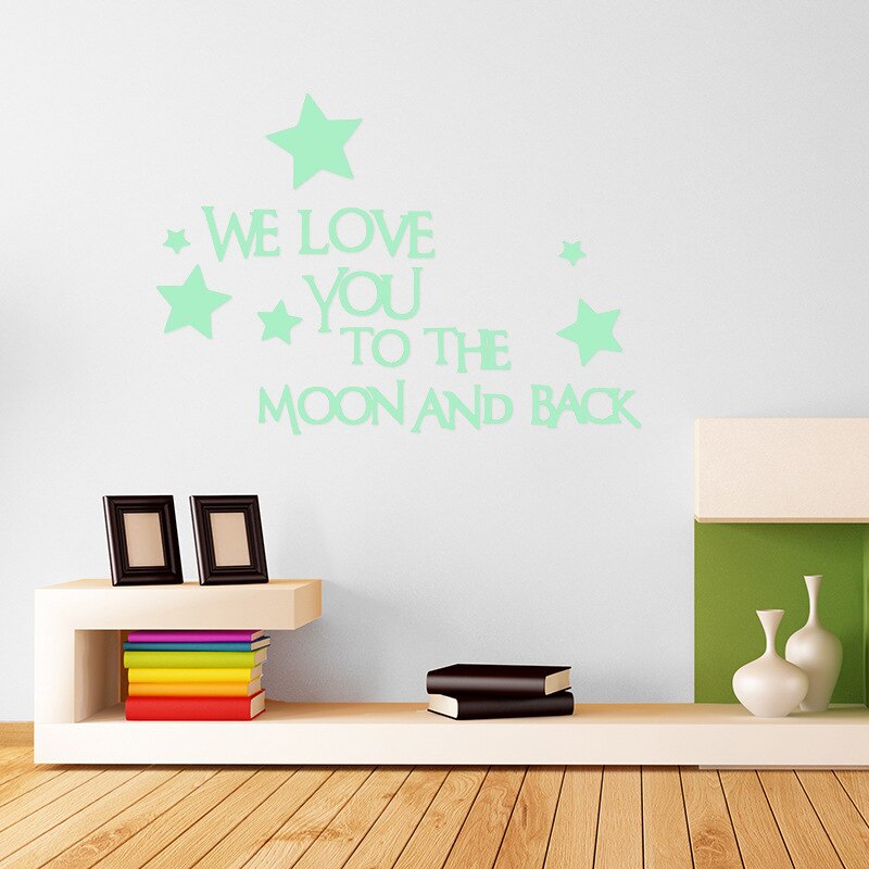 Pegatinas luminosas que brillan en la oscuridad, pegatinas de pared de estrellas, pegatina con cita We Love You To The Moon And Back, pegatinas de letras, decoración para la habitación de los niños