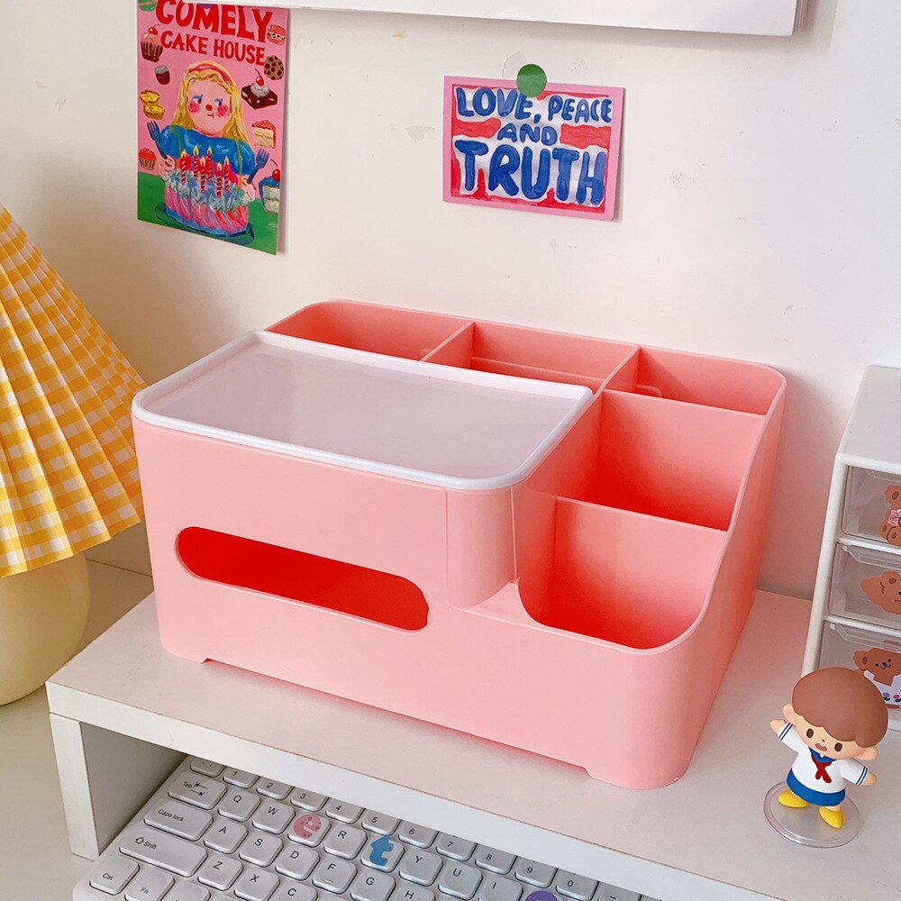 Yisuremia Kawaii Multifunctional Desk Organizer Tissue Storage Box Holder Make-Up Container Office School Stationery Supplies